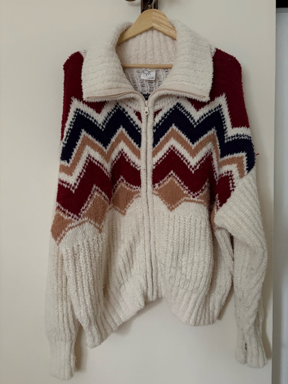 aerie Cream Zip-Up Cardigan with Burgundy, Navy, and Tan Chevron